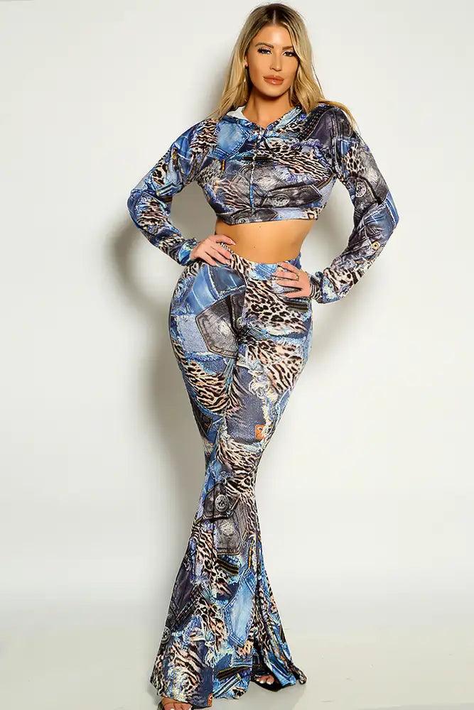 Blue Leopard Long Sleeve Cropped Flared Two Piece Outfit