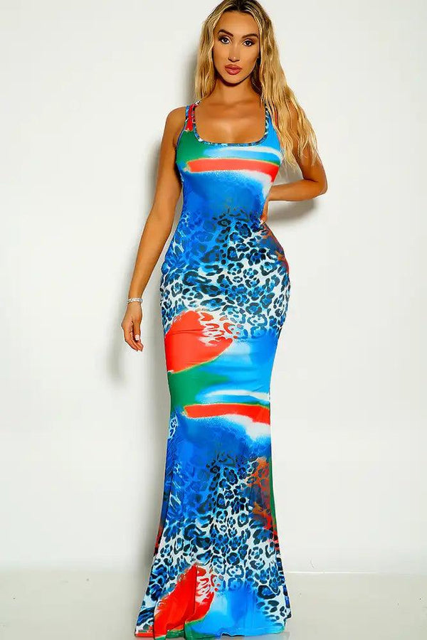 Blue Leopard Sleeveless Two Tone Fitted and Flare Maxi Dress