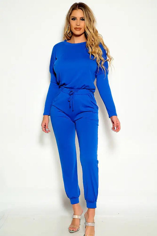 Blue Long Sleeve Comfortable Two Piece Lounge Wear Outfit