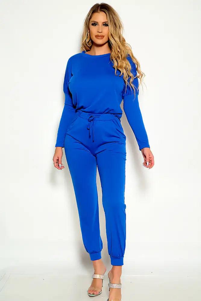 Blue Long Sleeve Comfortable Two Piece Lounge Wear Outfit