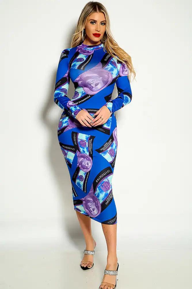 Blue Money Print Long Sleeve Mock Neck Midi Casual Dress