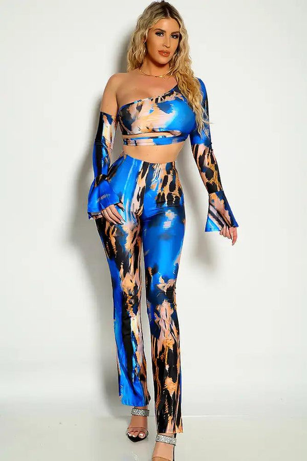 Blue Multi Cold Shoulder Long Sleeve Cut Out Two Piece Outfit