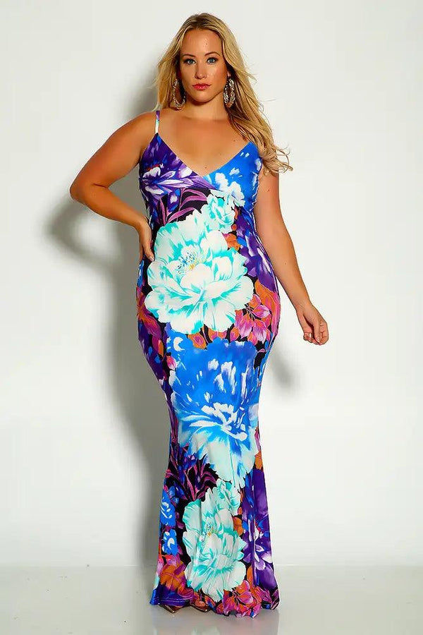 Blue Multi Sleeveless Floral Print Maxi Dress