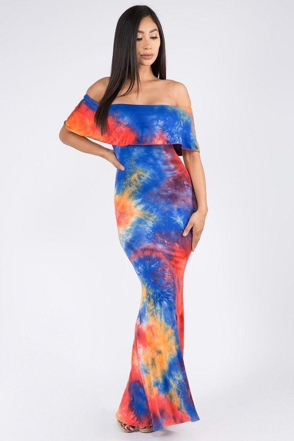 Blue Multi Tie Dye Off Shoulder Maxi Dress
