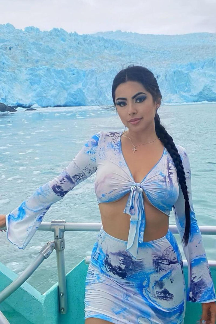 Blue Multi Tie Front Flared Sleeve Crop Top & Mini Skirt Set