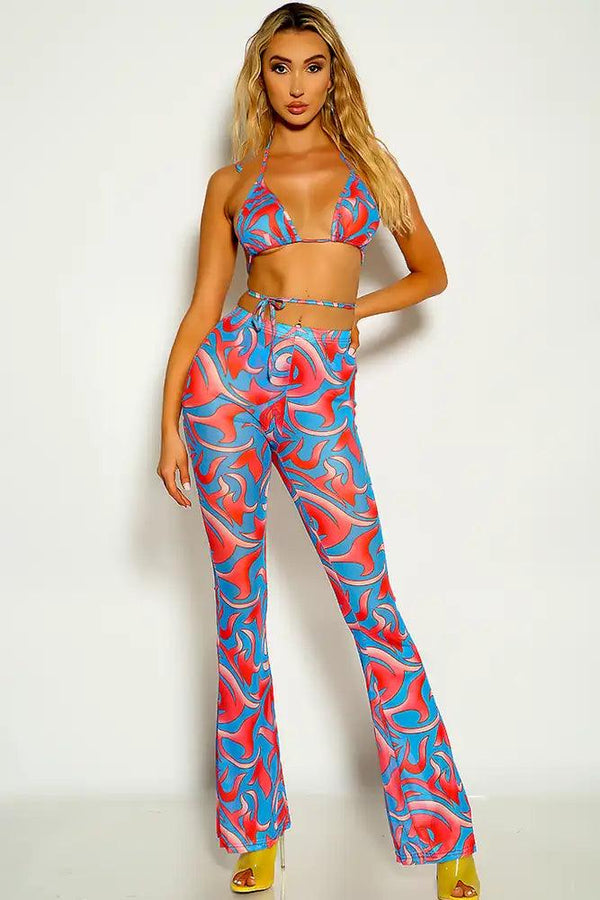 Blue Red Strappy Triangle Top Mesh Two Piece Outfit