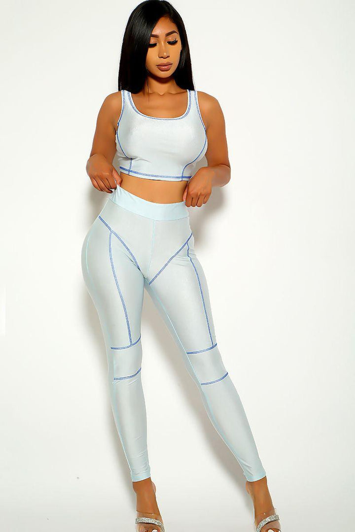 Blue Silver Sleeveless Striped Two Piece Outfit