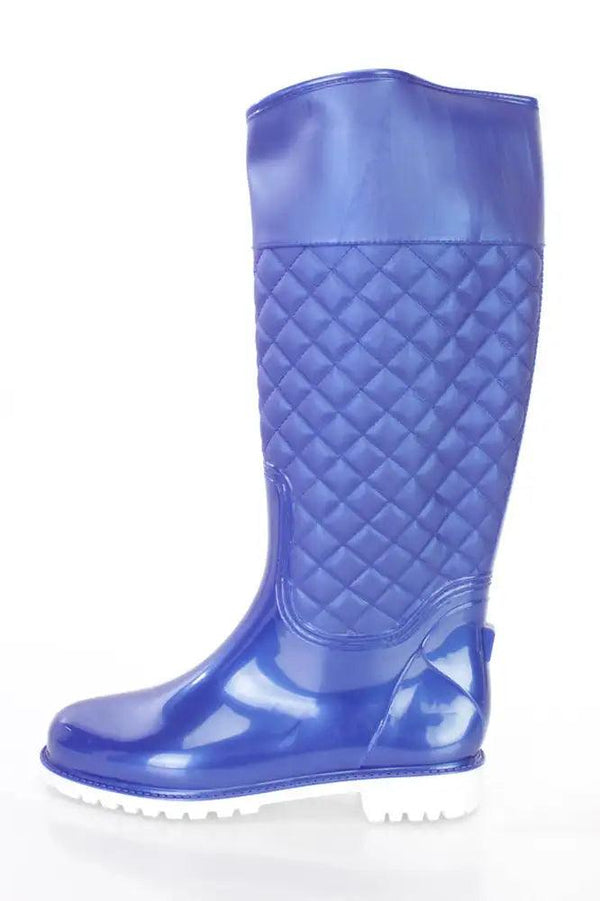 Blue Stitched Quilted Rain Boots Rubber
