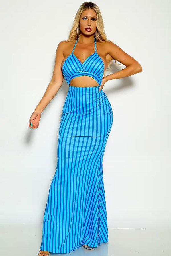 Blue Striped Halter Cut Out Maxi Dress
