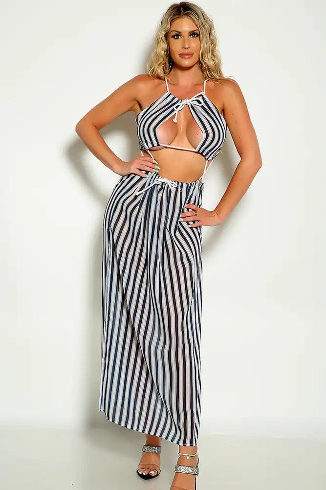 Blue White Cut Out Halter Striped Dress