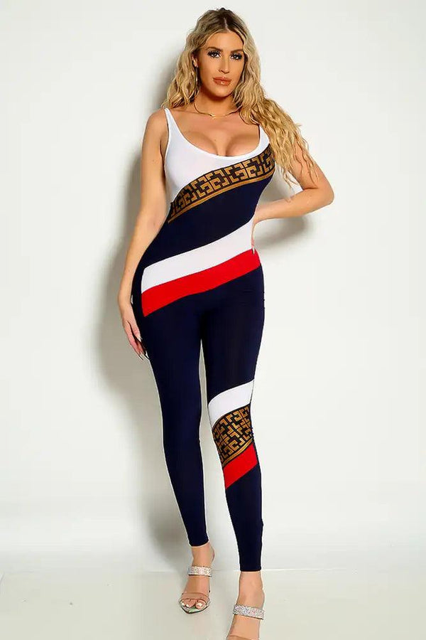 Blue White Red Sleeveless Striped Detail Fitted Jumpsuit