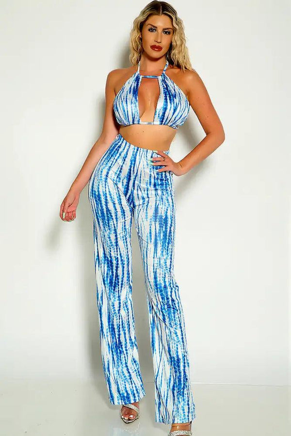 Blue White Sleeveless Halter Flared Two Piece Outfit