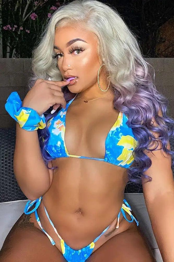 Blue Yellow Tie Dye Print 3 Piece Swimsuit
