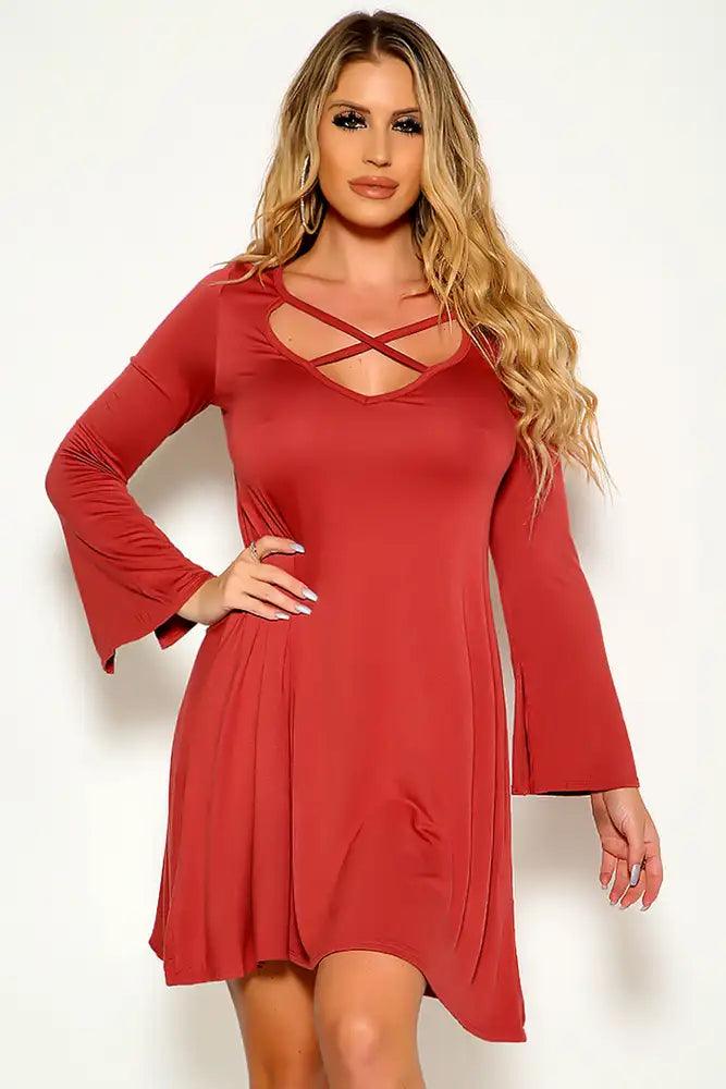 Brick Red Flared Long Sleeve Criss Cross Dress