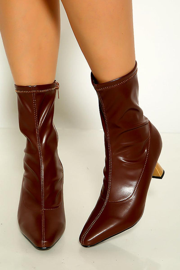 Brown Faux Leather Single Sole Chunky Heel pointy Toe Booties