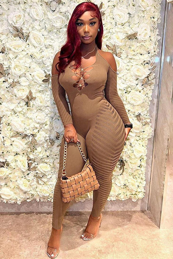 Brown Halter Netted Cut Out Heart Rhinestone Jumpsuit Catsuit