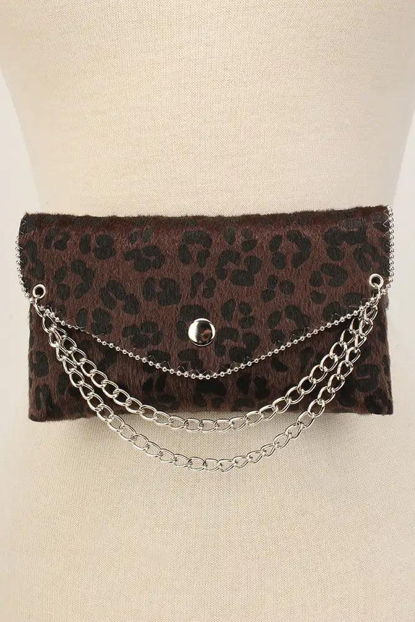 Brown Leopard Chained Short Hair Faux Fur Fanny Pack