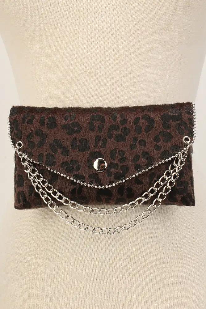 Brown Leopard Chained Short Hair Faux Fur Fanny Pack