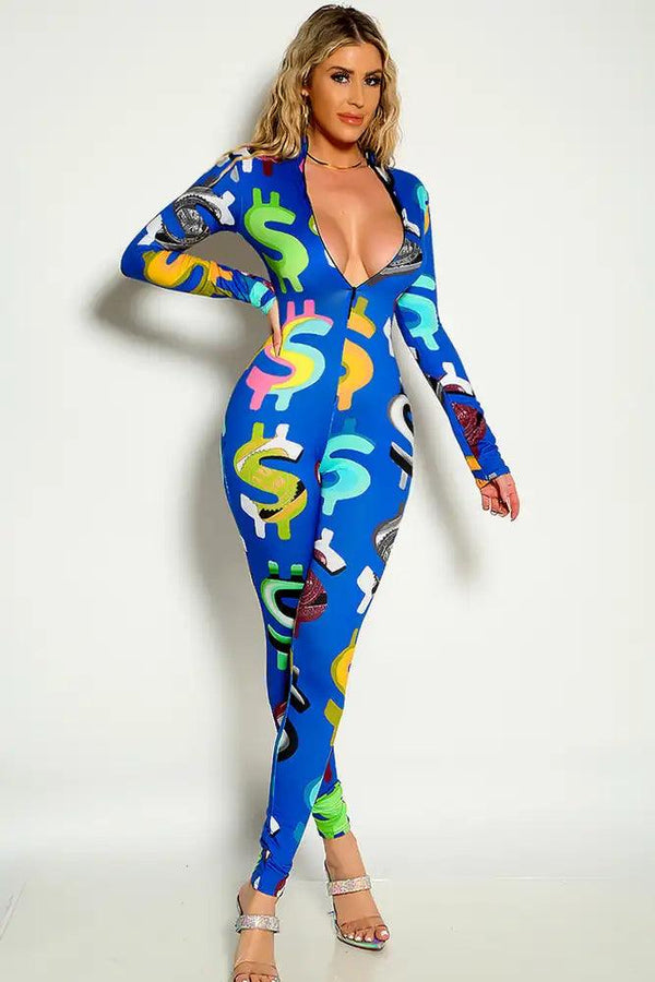 Bue Multi Long Sleeve Dollar Sign Front Zip Up Detail Jumpsuit