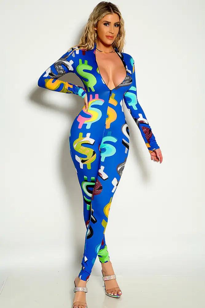 Bue Multi Long Sleeve Dollar Sign Front Zip Up Detail Jumpsuit