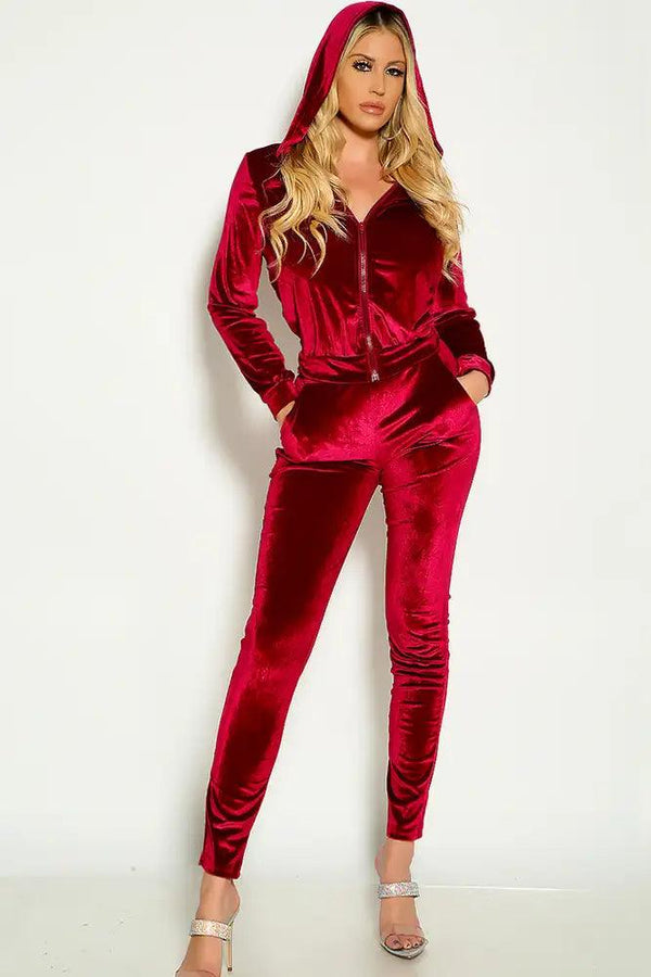 Burgundy Long Sleeve Hooded Velvet Two Piece Outfit
