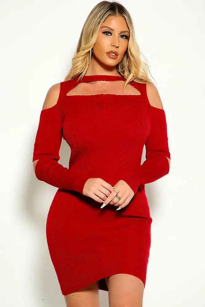 Burgundy Long Sleeve Ribbed Cut Out Sweater Dress