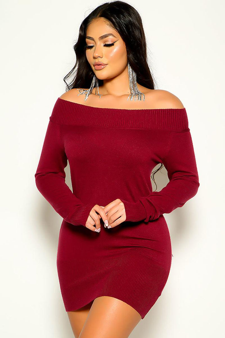 Burgundy Off Shoulder Sweater Dress