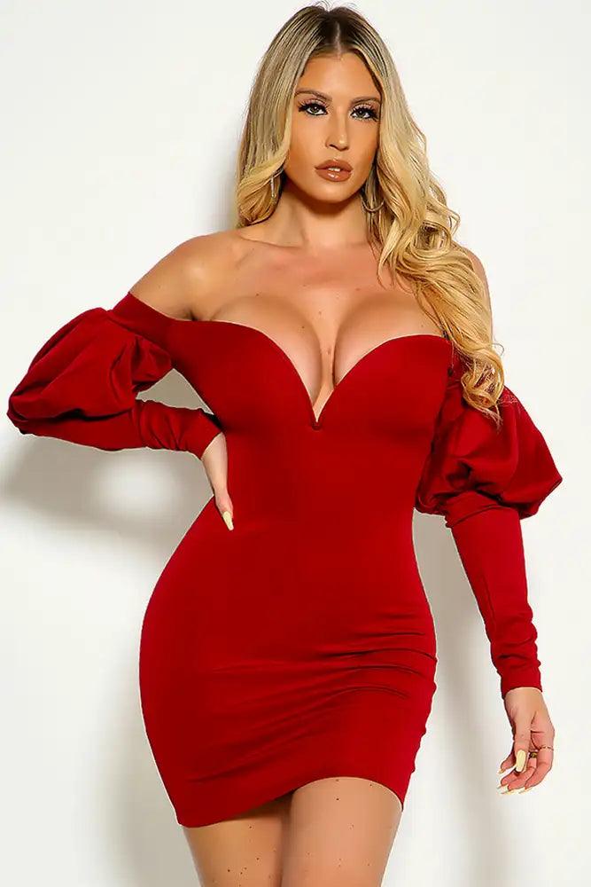 Burgundy Off The Shoulder Puff Sleeve V-Wire Party Dress
