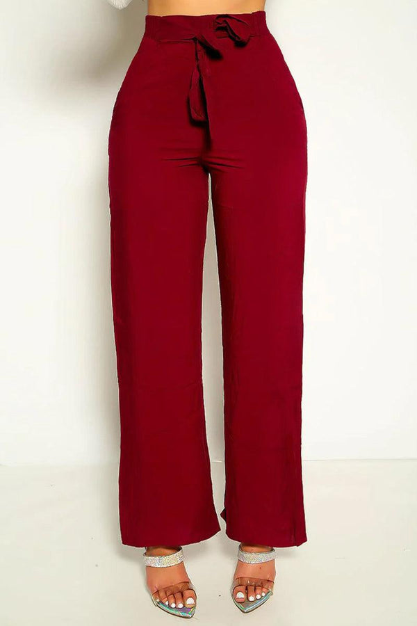 Burgundy Tie Front Wide Leg Casual Pants