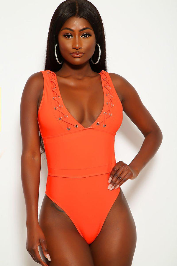 Burnt Orange Caged Plunging One Piece Swimsuit
