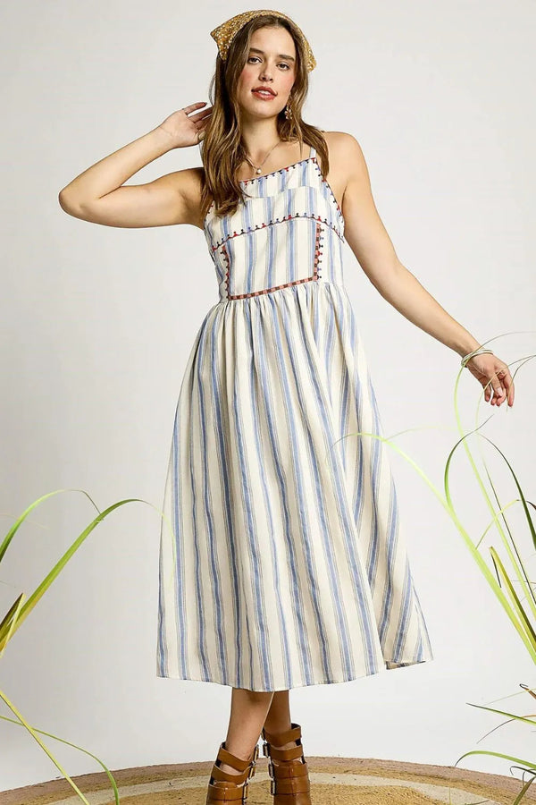 Umgee Striped Colorful Embroidered Trim Cami Dress
