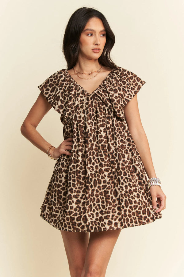 Davi & Dani Animal Printed Velvet Ribbon Mini Dress
