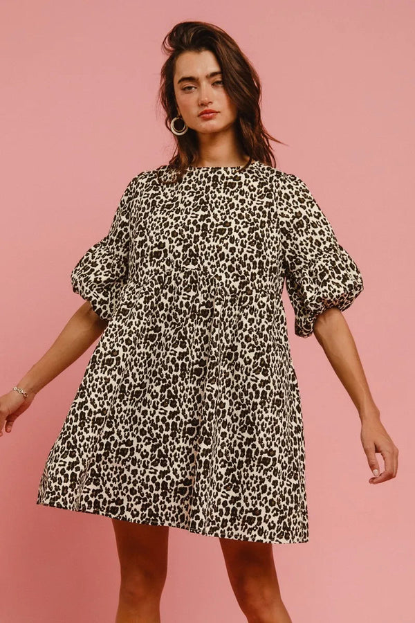 BiBi Leopard Denim Dress With Back Contrast Tie Detail