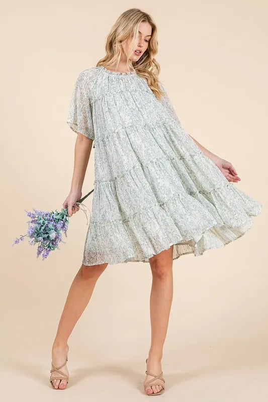 Lime 'N' Chili Ditsy Floral Print Sheer Ruffle Detail Mini Dress