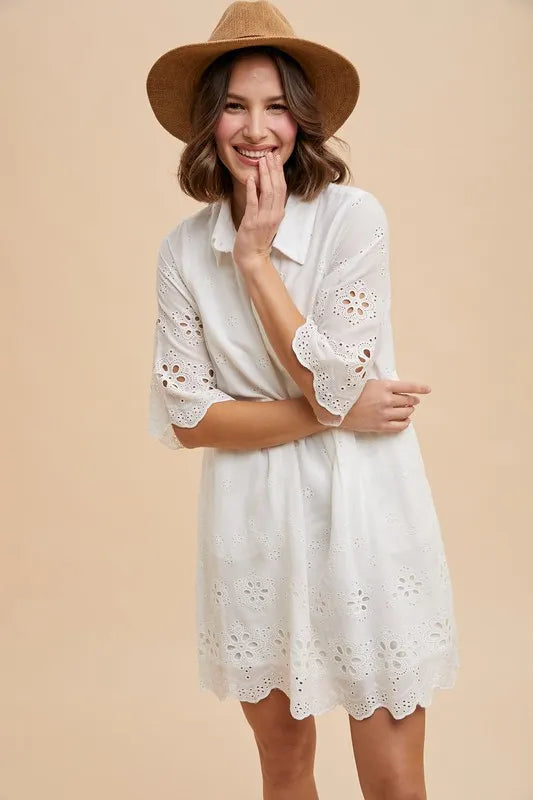Annie Wear Embroidered Scallop Edge Detail Mini Shirt Dress