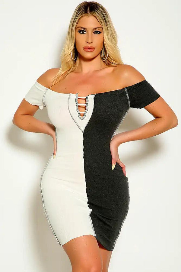 Charcoal White Colored Short Sleeve Stitched Detail dress