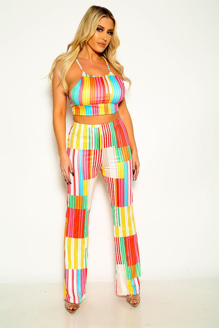 Colorful Rainbow Halter Sleeveless Cropped Wide Leg 2 Pc Outfit