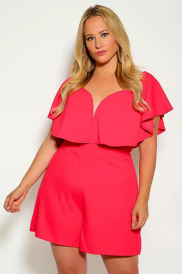 Coral Pink Short Sleeve V-Wire Ruffled Plus Size Romper