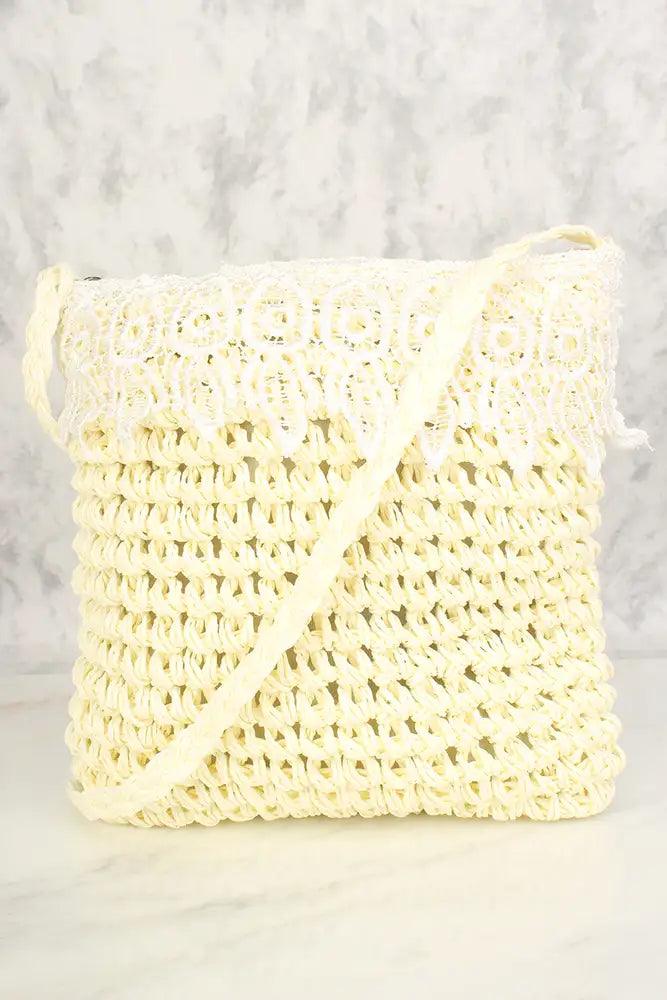 Cream Straw Embroidered Crochet Shoulder Handbag