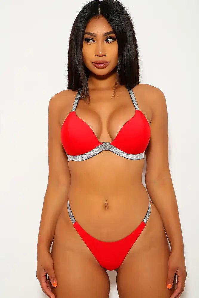 Cute Red Silver Two Piece Swimsuit
