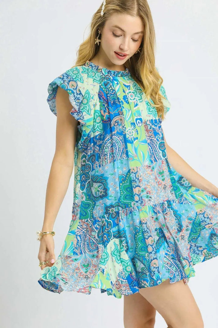 Umgee Printed Ruffle Cap Sleeve Mini Dress
