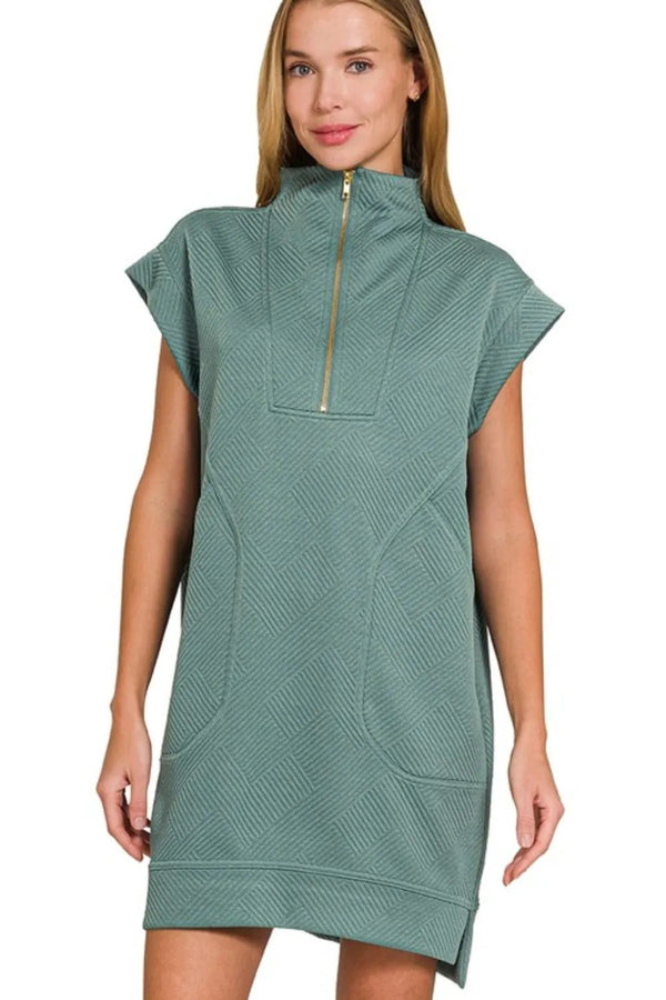 Zenana Textured Knit Jacquard Quarter Zipper Mini Dress