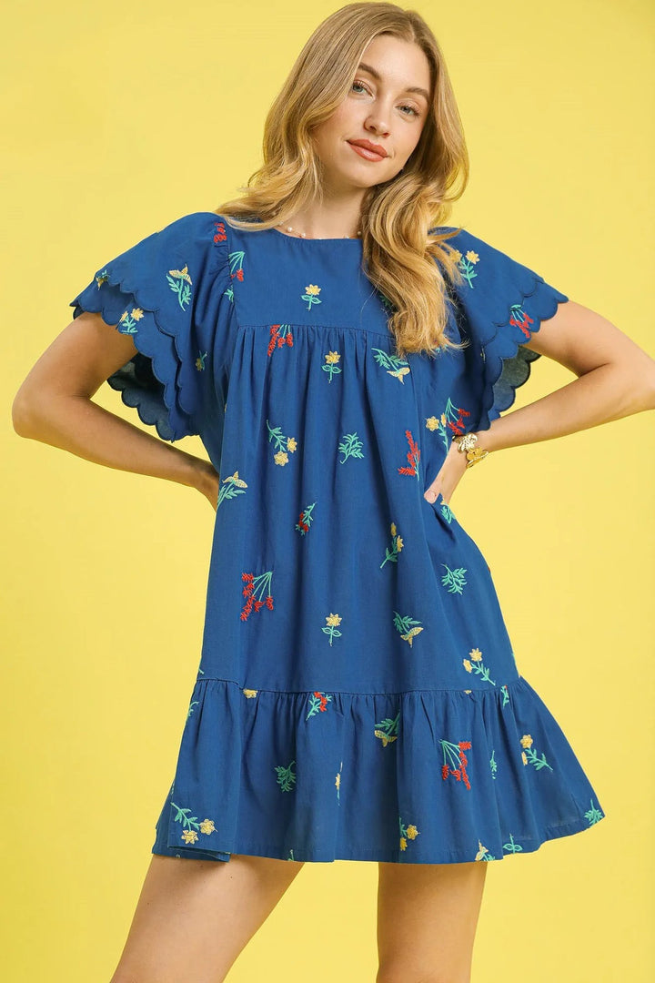 Umgee Floral Embroidered Short Sleeve Mini Dress