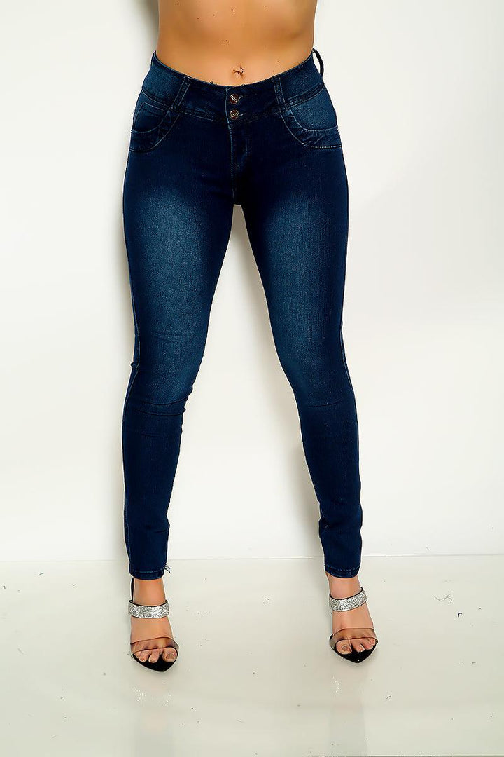 Dark Blue Denim Zip Up Skinny Jeans