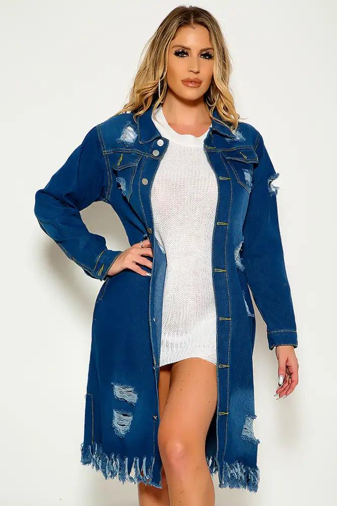 Dark Blue Long Sleeve Button Up Distressed Denim Jacket