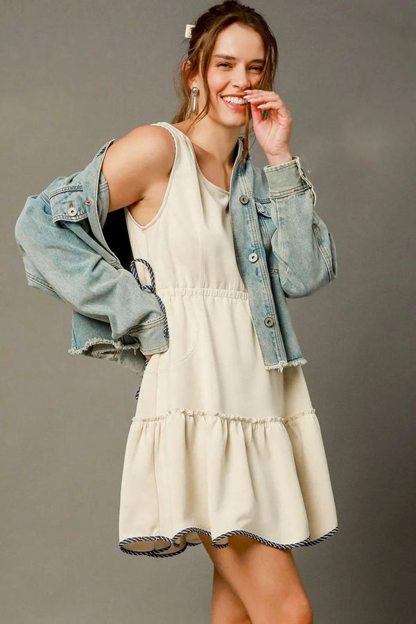 Umgee Frill Drawstring Waist Round Neck Mini Tank Dress