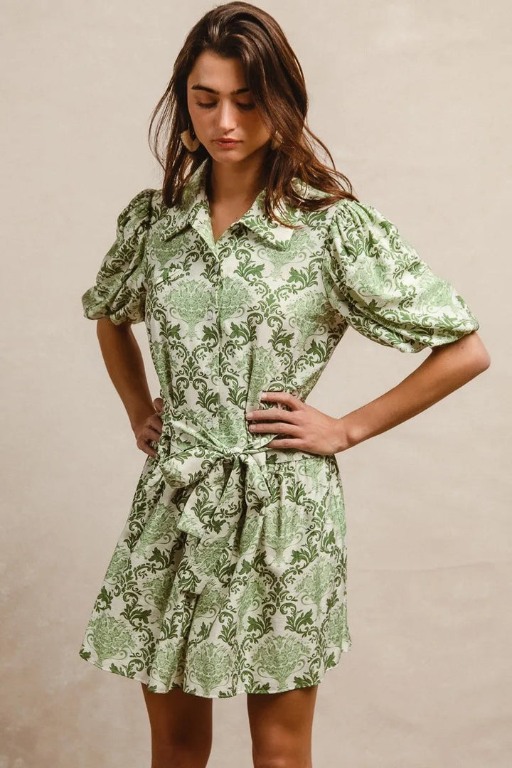 BiBi Tied Floral Short Sleeve Mini Shirt Dress