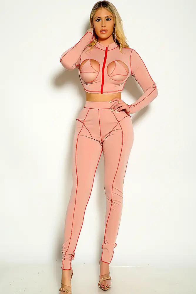 Dusty Pink Long Sleeve Cut Out Stitched Detail Two Piece Outfit