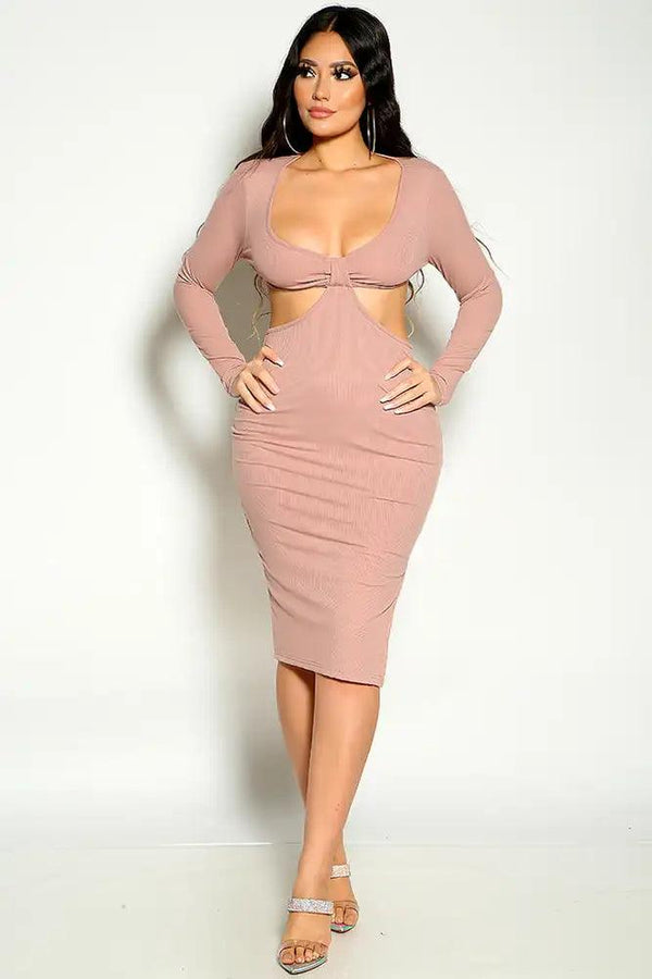 Dusty Pink Long Sleeve Ribbed Cut Out Knee Length Dress