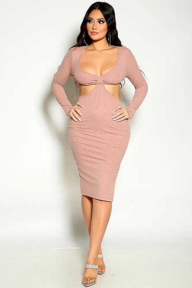 Dusty Pink Long Sleeve Ribbed Cut Out Knee Length Dress